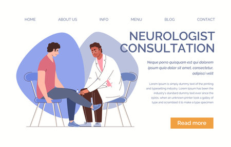 Male neurologist examines patient, checks reaction with reflex hammer. Young man at planned medical examination in hospital. Vector characters flat cartoon illustration. web templateのイラスト素材