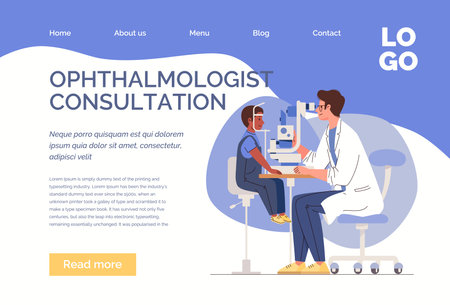 Ophthalmic clinic. Ophthalmologist checks child's vision using medical equipment. Vector characters flat cartoon illustration. Web template, landing page, website.のイラスト素材