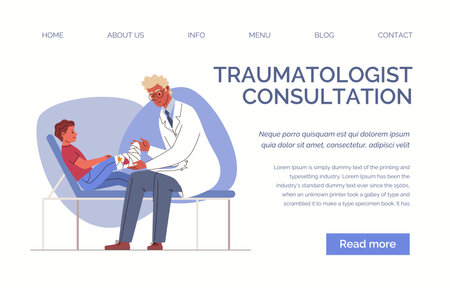 Boy with injured broken leg sits in doctor's office while trauma surgeon applies fixing plaster cast. Vector characters flat cartoon illustration. Web template, landing page, websiteのイラスト素材