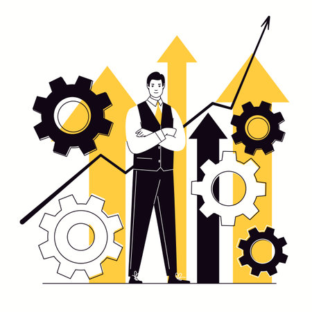 business growth and development. Businessman stands against background of ascending arrows and growing graph. Metaphor for career success. Vector character flat cartoon illustrationのイラスト素材