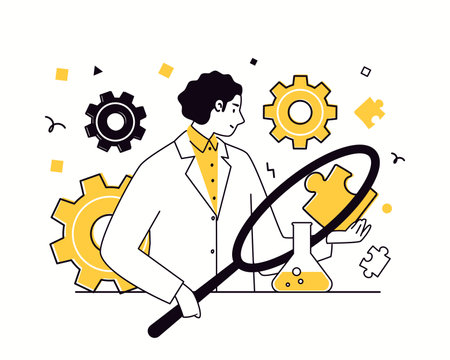Concept of scientific research. Scientist is engaged in search and development, conducts tests and experiments in the laboratory. Business at the intersection of science and technology. Veのイラスト素材