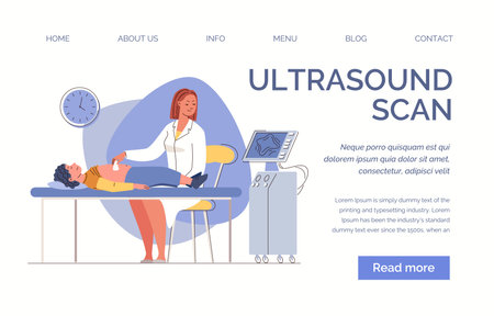 Child visits ultrasound room. Boy on doctor's consultation. Friendly medical staff work with little people. Website, template, landing page. Characters of illustration flat cartoonのイラスト素材