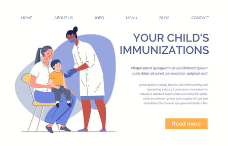 Vaccination of children for herd immunity and protection against coronavirus. Nurse administers vaccine to baby. Vector characters flat cartoon illustration. Web template, landingのイラスト素材
