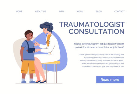 Child with broken arm visits orthopedic doctor. Traumatologist treats injury of small patient. Characters in colored flat vector illustration isolated on white background. web tempのイラスト素材