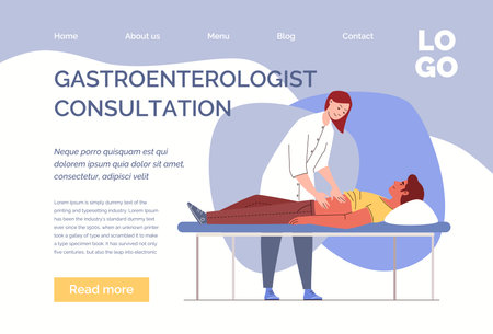 Bellyache, health concept. Doctor palpates patient's abdomen. Website, template, landing page. Vector illustration flat cartoon.のイラスト素材