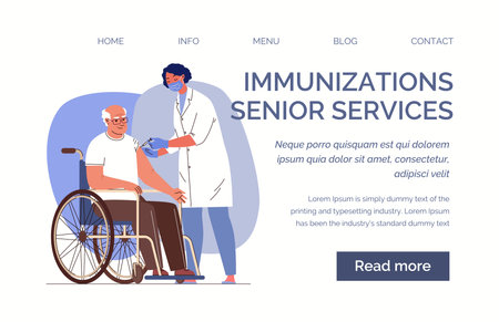Elderly disabled person in wheelchair came to vaccination. Nurse gives injection in shoulder to patient. Website, template, landing page. vector illustration. Flat cartoon characterのイラスト素材