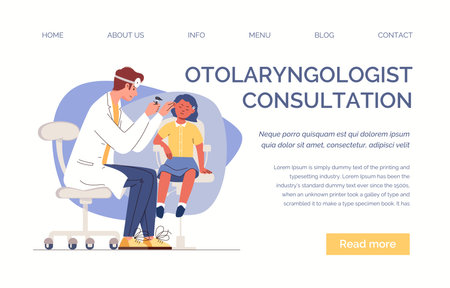 Otolaryngology checks patient's ears with otoscope. Girl on examination at ENT. medical care and healthcare. Vector characters flat cartoon illustration. Web template, landing pageのイラスト素材