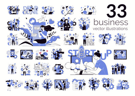 Big set of business concept illustrations. Work processes: effective time management, search for new opportunities for development and growth, creative implementation of ideas in pのイラスト素材