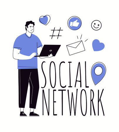 Internet user concept and interface icons. Young man with laptop for social media communication, blogging, work, study. Vector characters flat cartoon illustration.のイラスト素材