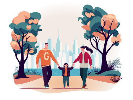 Happy family in city park in autumn. Mom, dad and child enjoy walking in nature. Parents hold daughter by hands. Vector characters flat cartoon illustration.のイラスト素材