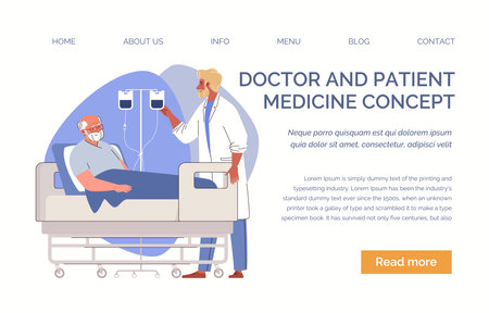 Doctor controls administration of medication to elderly patient patient using intravenous drip system in hospital room. Website, template, landing page. vector characters flat cartoonのイラスト素材