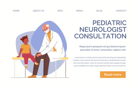 Elderly male neurologist examines female child, checks reaction with reflex hammer. Little patient at planned medical examination in hospital. vector illustration. Web template, laのイラスト素材