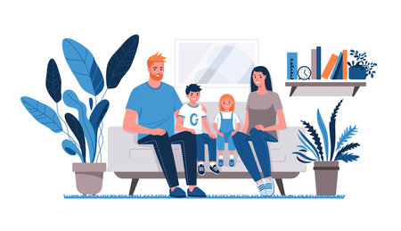 Happy family, mother, father and children, daughter and son are sitting on sofa in room against background of home interior, bookshelf, indoor plants. Vector characters flat cartooのイラスト素材