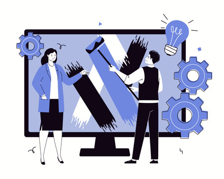 Illustrator working in vector graphics editor. Designer draws colored strokes on computer screen with roller. Discusses project with art director or client. concept of inspiration,のイラスト素材