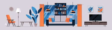Interior with stylish furniture and home decor items. Cozy living room or apartment in trendy modern style. Illustration Bright vector flat cartoon.のイラスト素材