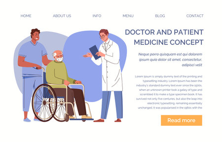 Male nurse, paramedic helping old man in wheelchair at doctor's appointment Concept of specialized medical care for the elderly, disabled. Nursing home, hospital Template, landing pageのイラスト素材