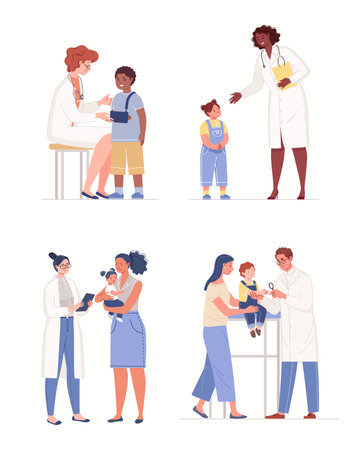 Set of plot illustrations of children's medical diagnostics "physician and Patient". Child is examined by various highly specialized doctors. Vector characters flat cartoon.のイラスト素材