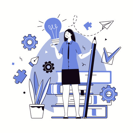 Creative people come up with new, original ideas, concepts, solutions to problems. Art, design, science and business. Out of box thinking, innovation, adaptation to the changing world.のイラスト素材