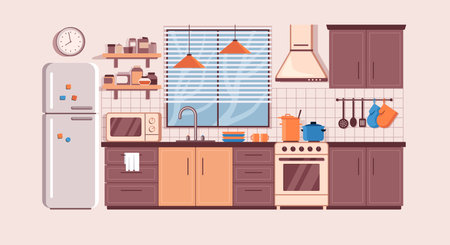 Kitchen interior with counter, refrigerator, stove and window. Vector flat illustration.のイラスト素材