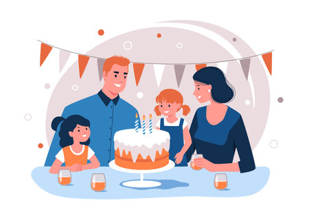 Happy family, parents and children celebrate child's birthday. Joyful girl blows out three candles on cake. Vector characters flat illustration.のイラスト素材