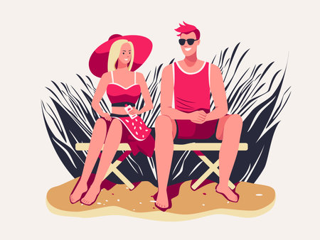 Young couple are relaxing, sunbathing, walking. Summer, beach, vacation concept. Vector characters flat cartoon illustration.のイラスト素材