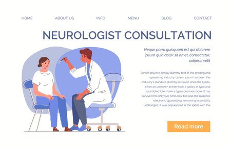 healthcare concept. Young doctor checks health of patient. On consultation with neurologist. Planned medical examination, rehabilitation. Web template, landing page. flat cartoon.のイラスト素材