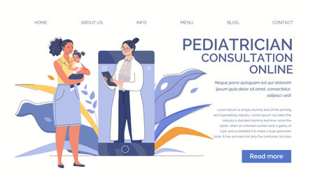 Medical online service for pediatrics. Remote access to doctor by phone or via Internet. Therapist works with children. Vector characters flat cartoon illustration. Landing page teのイラスト素材