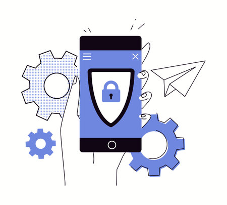 secure internet technologies. Computer safety concept. Cybersecurity, antivirus, encryption, data protection. Phone with shield and lock on display in hand. vector characters flatのイラスト素材