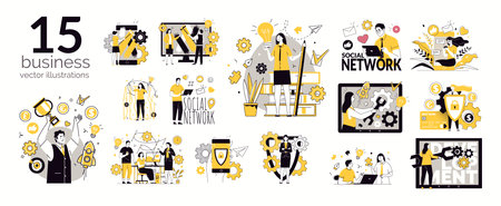 Set of business illustrations. Collection of scenes of professional success, creative process, workflow, collaboration, cybersecurity, data protection, digital marketing Flat cartoのイラスト素材