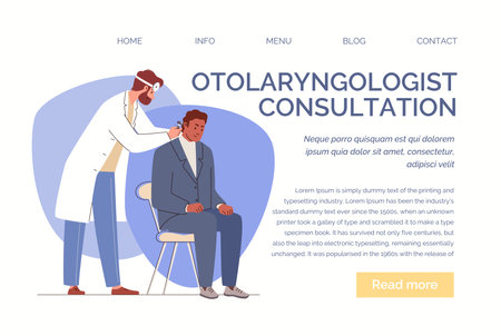 Otolaryngologist examines ear with otological instrument. Patient at doctor's appointment in ENT office. Website, template, landing page. Vector illustration flat cartoon.のイラスト素材