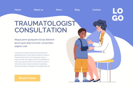 Child with broken arm visits orthopedic doctor. Traumatologist treats injury of small patient. Characters in colored flat vector illustration isolated on white background. web tempのイラスト素材