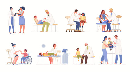 Set of illustrations "Children at doctor's appointment", isolated on white background. Collection of various pediatric physician advising patients. Vector characters flat cartoon.のイラスト素材