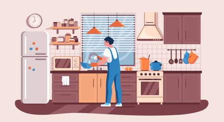 house hold activities. housework, cleaning. Man wash dishes. Home kitchen interior. Housekeeping Duty Management. Flat character vector illustration.のイラスト素材