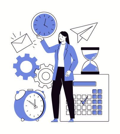 Concept of effective time management. Strategic planning, organization of work, schedule of planned cases. Secretary, assistant, manages business process. Flat vector illustration.のイラスト素材