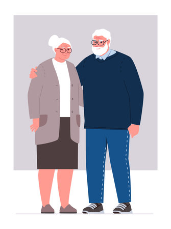 Elderly spouses. Old family couple. happy seniors together. Grandmother and grandfather. Vector characters flat illustration.のイラスト素材