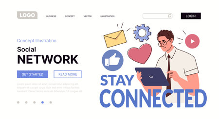 social networks. Stay Connected! Concept of Internet activity & online connections. Website, template, landing page. Vector characters flat cartoon illustration.のイラスト素材