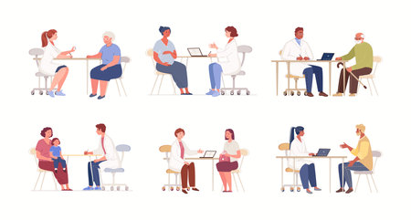 Collection of scenes with doctor and patient. Medical diagnostics, consultations, treatment. Improvement of adults and children. family medicine. Vector characters flat cartoon illustrationのイラスト素材