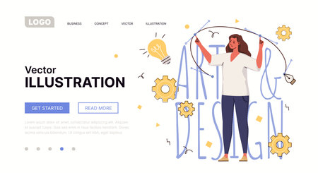 Illustrator is working on design project in vector program using graphic pen. Artist draws Bezier curve. Website, template, landing page. Vector characters flat cartoon illustrationのイラスト素材