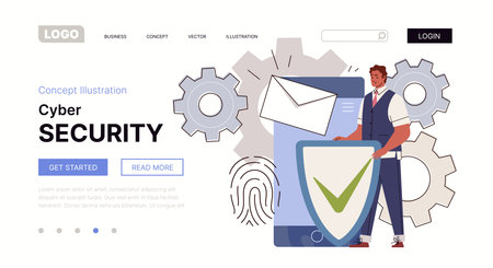 Cyber or web security. Protection & safety of digital data and information on the Internet. Modern technologies, virtual crime. Website, template, landing page. vector character flat caのイラスト素材