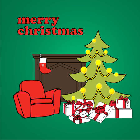 merry christmas! christmas gift infront christmas tree in the house of line vector illustrationのイラスト素材
