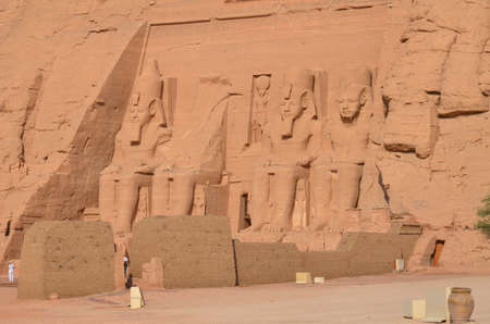 Sculpture of Colossi of Pharaoh Ramses II on temple of Abu Simbel