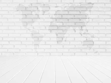interior map of the world on brick walls background. white wooden floor.の写真素材