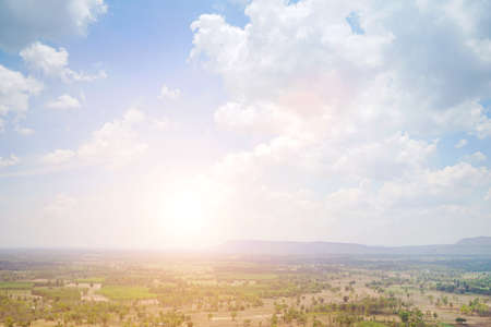 Nature sunshine clouds sky with lens flare sunlight background in the peaceful morning. Eye...