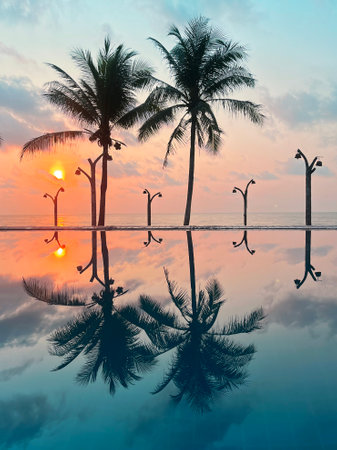 Background outdoor sunset over pool at coconut tree summer beach resort, tropical landscape beautiful.の写真素材