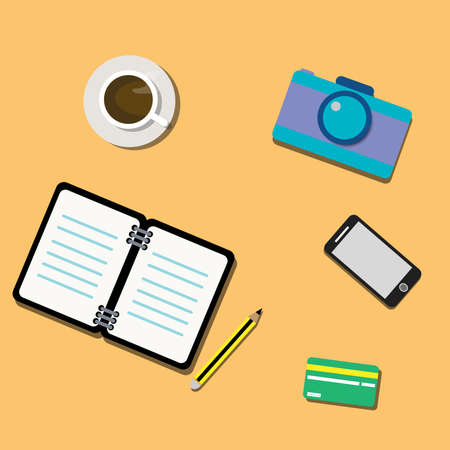 Illustration is a picture about a business. Notebooks, coffee   mugs, cameras, pencils, credit cards, and handhelds placed on top can be   used in various media.のイラスト素材