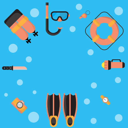 The illustrations are dive equipment icons, including diving   masks, oxygen tanks, fins, dive cameras, lifebuoys, watches, dives,   knives, flashlights, whistles, and icons.のイラスト素材