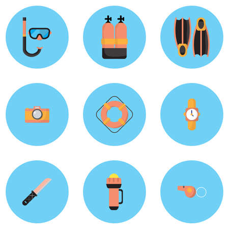The illustrations are dive equipment icons, including diving   masks, oxygen tanks, fins, dive cameras, lifebuoys, watches, dives,   knives, flashlights, whistles, and icons.のイラスト素材