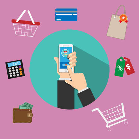 Illustration is a mobile online purchase through the application. There are many options available through the icons. Can be used in various media.のイラスト素材