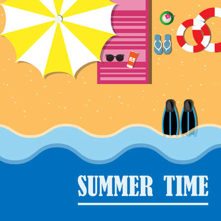 Summer time vector banner design.Top view of beach with summer elements.のイラスト素材