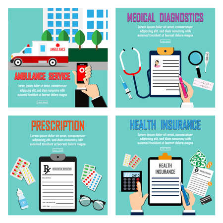 4 Set Medicine Health Care. call ambulance car via mobile phone, concept emergency call. Smartphone in hand with doctor and ambulance car behind. flat design vector illustrationのイラスト素材